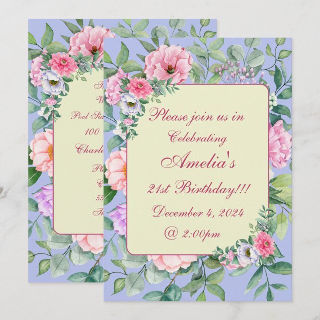Invitación Delicado Blue Summer Garden Fiesta Cumpleaños Flor (Anverso / Reverso)