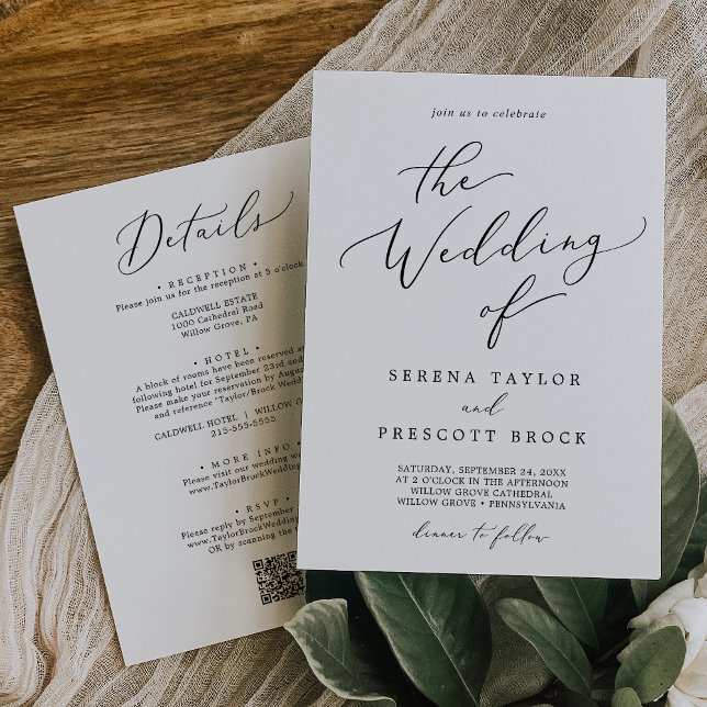 Invitación Delicado Boda De Cena Negro En Un QR (Delicate Black All In One QR Dinner Wedding Invitation)