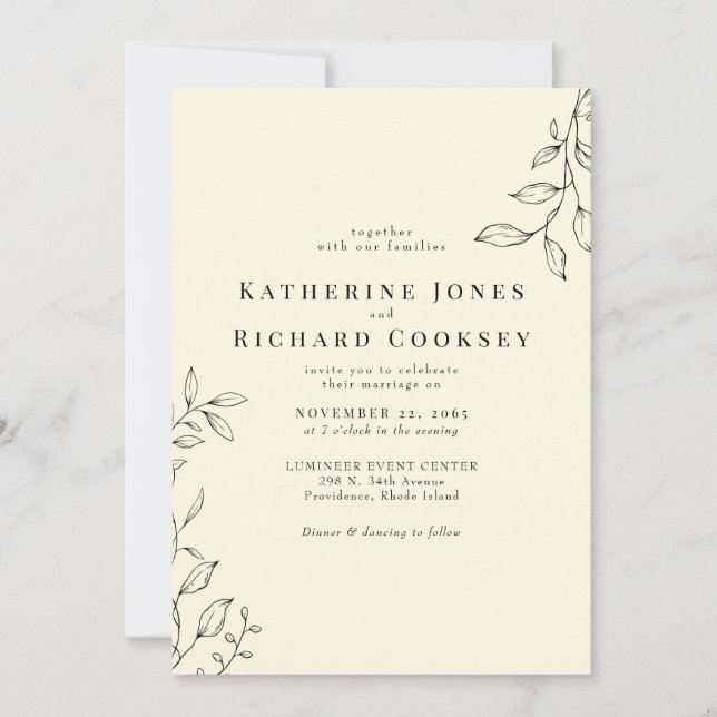Invitación Delicado Boda de follaje moderno amarillo pálido (Anverso)