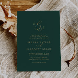Invitación Delicado Boda de Monograma Formal Dorado y Verde