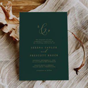 Invitación Delicado Boda de Monograma Formal Dorado y Verde
