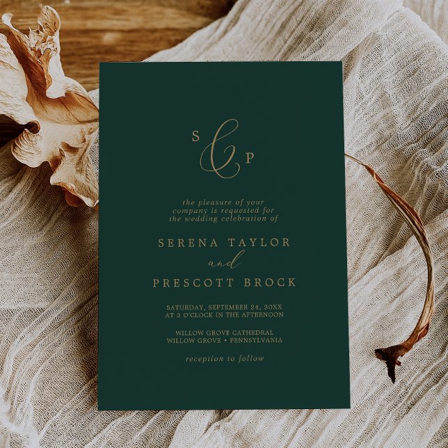 Invitación Delicado Boda de Monograma Formal Dorado y Verde (Subido por el creador)