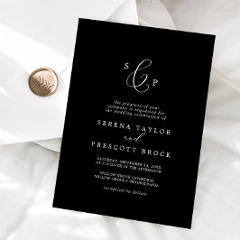 Invitación Delicado Boda de monograma formal negro oscuro