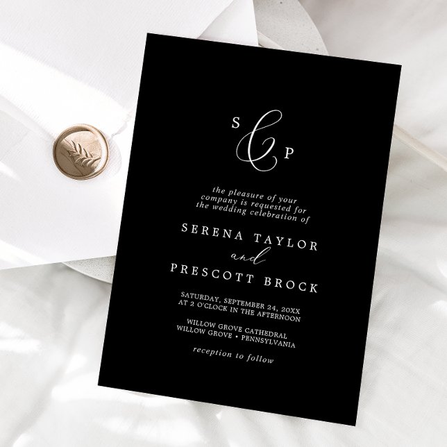 Invitación Delicado Boda de monograma formal negro oscuro (Subido por el creador)