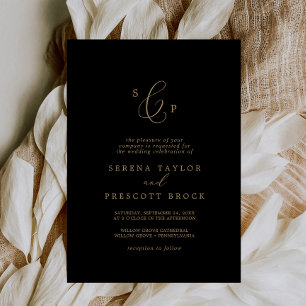 Invitación Delicado Boda de Monograma Formal Oro y Negro