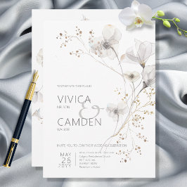 Invitación Delicado Boda floral blanco y gris blanco moderno