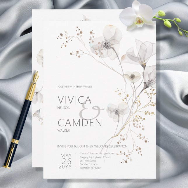 Invitación Delicado Boda floral blanco y gris blanco moderno (Subido por el creador)