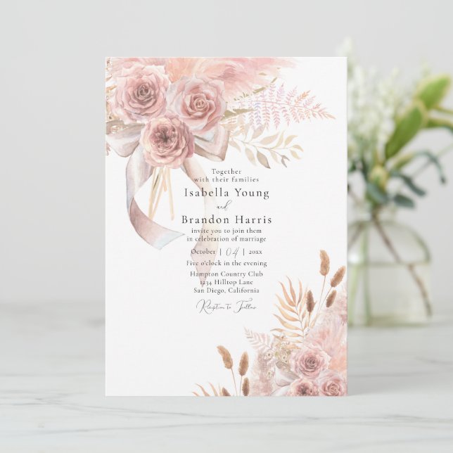 Invitación Delicado Boda floral rosa bohemio (Anverso de pie)