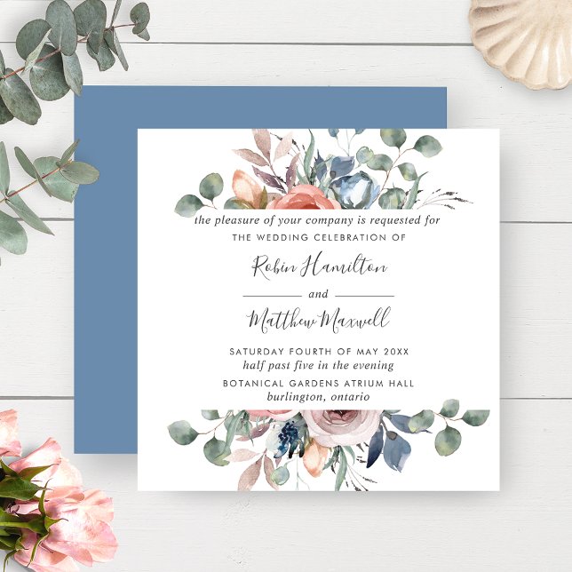 Invitación Delicado Boda floral Rubor Dusty Blue y Peach (Subido por el creador)