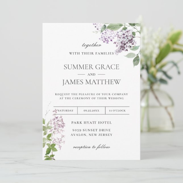 Invitación Delicado Boda Invi de Lilac Purple Floral (Anverso de pie)