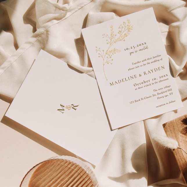 Invitación Delicado Boda Monogramado Botánico de Oro (Subido por el creador)