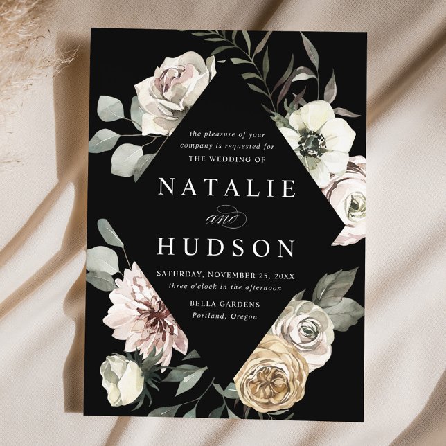 Invitación Delicado Boda negro de marco floral de invierno (Subido por el creador)