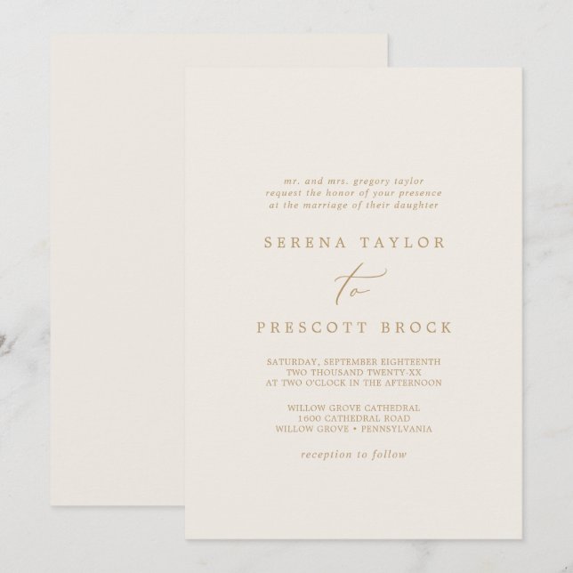 Invitación Delicado Boda tradicional de oro y crema (Anverso / Reverso)