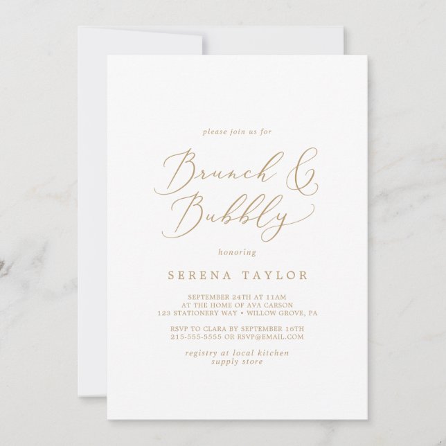 Invitación Delicado Brunch de oro y ducha Bubbly Bridal (Anverso)