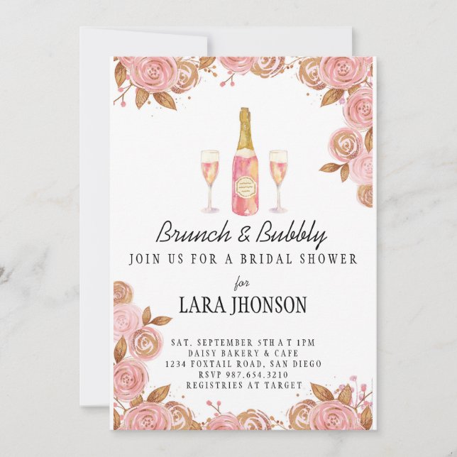Invitación Delicado Brunch floral de verano y novia bubbly (Anverso)