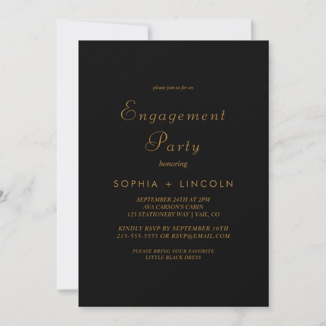 Invitación Delicado Caligrafía Dorada Fiesta de Compromiso Ne (Anverso)