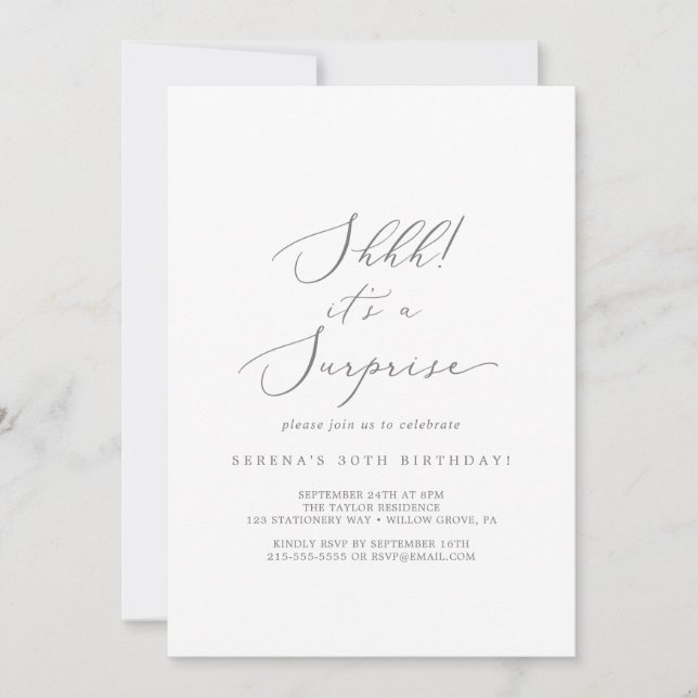Invitación Delicado caligrafía plateada es un Fiesta sorpresa (Anverso)