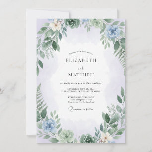 Invitación Delicado Casamiento Azul Pálido y Frondoso