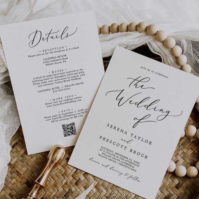 Invitación Delicado código QR negro todo en uno para boda (Delicate Black All In One QR Code Wedding Invitation)