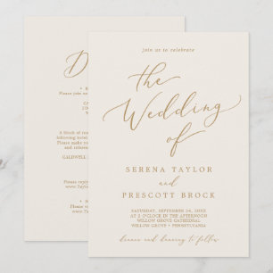 Invitación Delicado Crema de Caligrafía en Oro Todo en Uno Bo