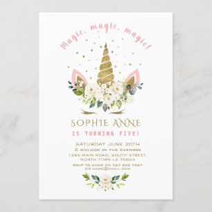 Invitación Delicado cumpleaños de Chica de unicornio de oro b