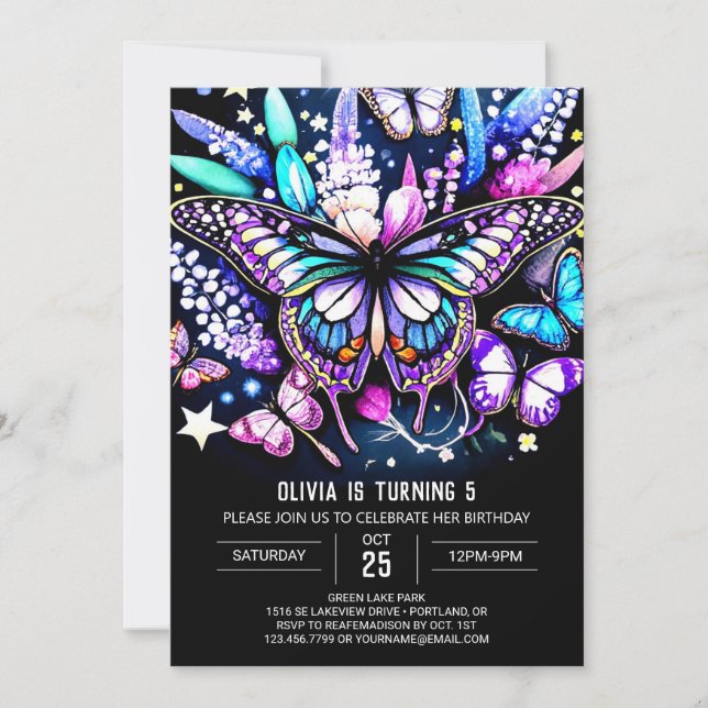 Invitación Delicado cumpleaños de mariposa digital mágica (Anverso)