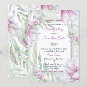 Invitación Delicado Cumpleaños Floral de Lila Rosa en Acuarel