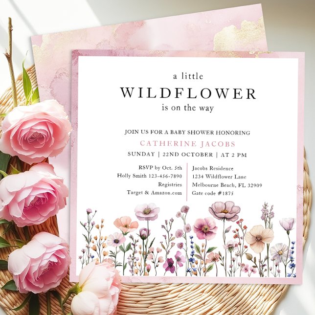 Invitación Delicado Dusty Pink Wildflower Baby Shower Invitat (Watercolor Wildflower Baby Shower Invitation)