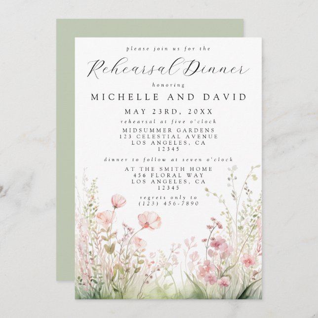 Invitación Delicado ensayo de flores silvestres cena (Anverso / Reverso)