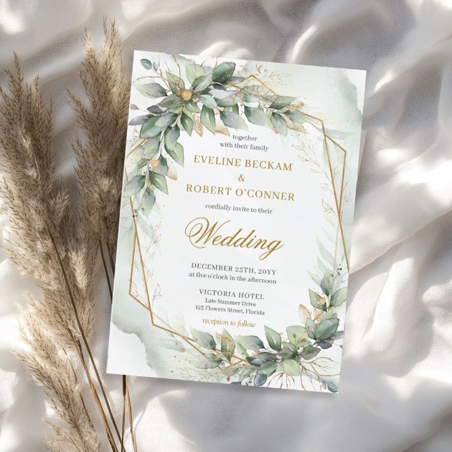 Invitación Delicado eucalipto verde y boda de oro (Delicate green eucalyptus and gold wedding invitation)