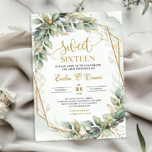 Invitación Delicado eucalipto verde y dulce dorado dieciséis