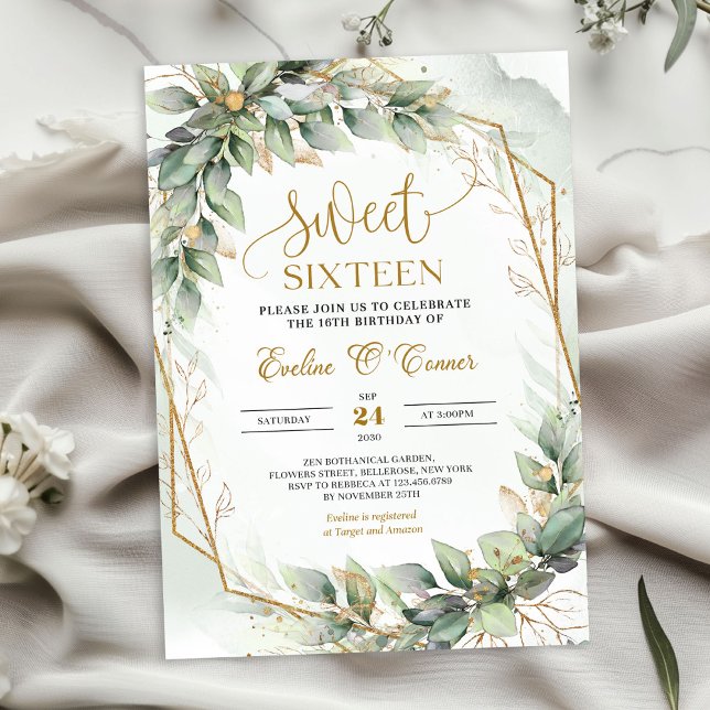 Invitación Delicado eucalipto verde y dulce dorado dieciséis (Chic watercolor green eucalyptus and gold sweet sixteen invitation digital)