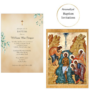 Invitación Delicado eucalipto y pergamino Bautismo Ortodoxo