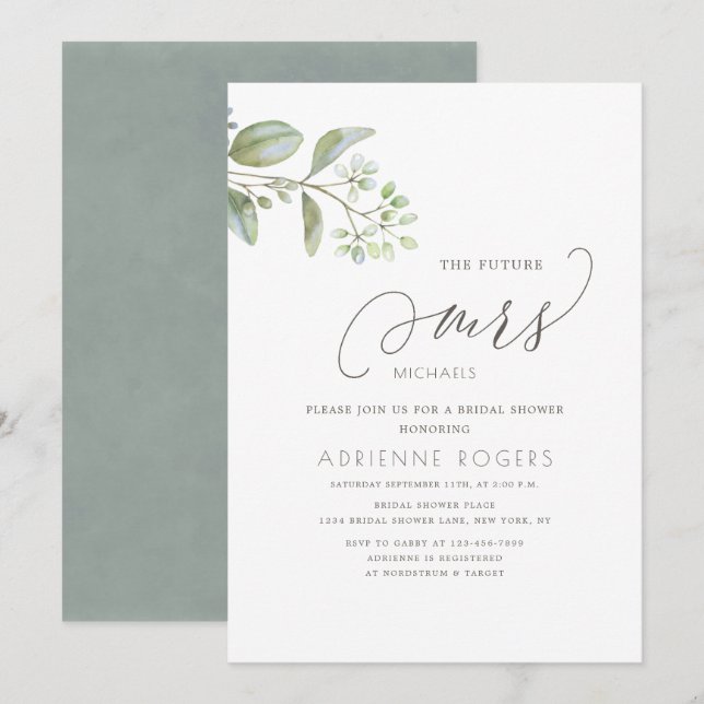 Invitación Delicado Eucalyptus Futuro Sra. White Bridal Showe (Anverso / Reverso)