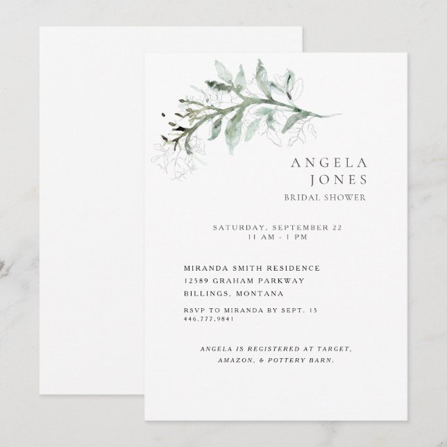 Invitación Delicado Foliage White Bridal Shower II (Anverso / Reverso)
