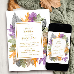 Invitación Delicado Follaje de Otoño Escritura Dorada Bautizo