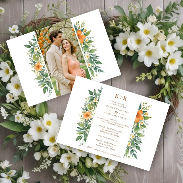 Invitación Delicado Garland Azahar Naranja florece y vegetaci (Decorative and Delicate Garland Azahar Orange Blossom & Greenery Photo Wedding Invitations Cards.)