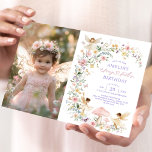 Invitación Delicado hada flor silvestre Primera foto de cumpl<br><div class="desc">Esta encantadora invitación cuenta con mágicas hadas forestales,  rodeadas de flores y vegetación exuberantes y delicadas. La combinación de colores suaves crea un ambiente de fantasía y fantasía,  perfecto para el hada de su bebé recién nacida.</div>