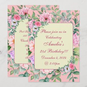 Invitación Delicado Jardín de Verano Rosa Fiesta Cumpleaños F