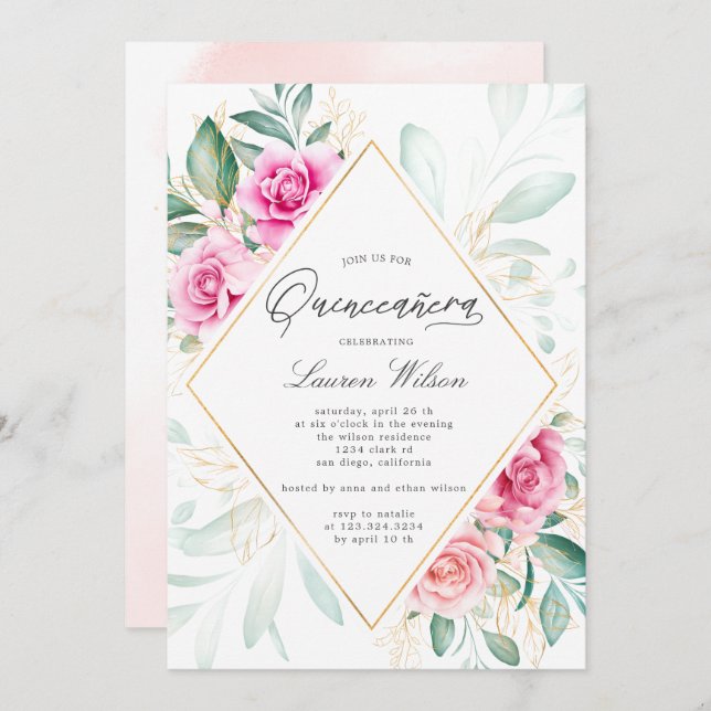 Invitación delicado jardín floral rosas rosas rosa Quinceaner (Anverso / Reverso)