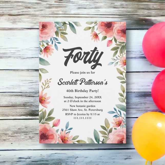 Invitación Delicado Jardín Floral Rústico Verano 40 cumpleaño (Subido por el creador)