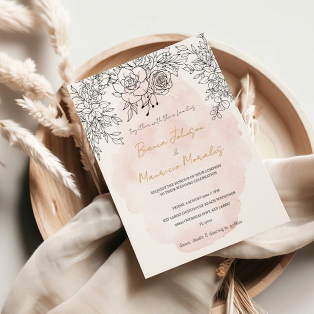Invitación Delicado lavado de Rubor con moderno botánico negr (Delicate Blush Wash with Modern Black Botanical Invitation)