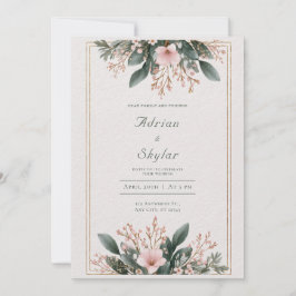Invitación Delicado Marco Floral Rosa Dorado Boda