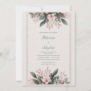Invitación Delicado Marco Floral Rosa Dorado Boda
