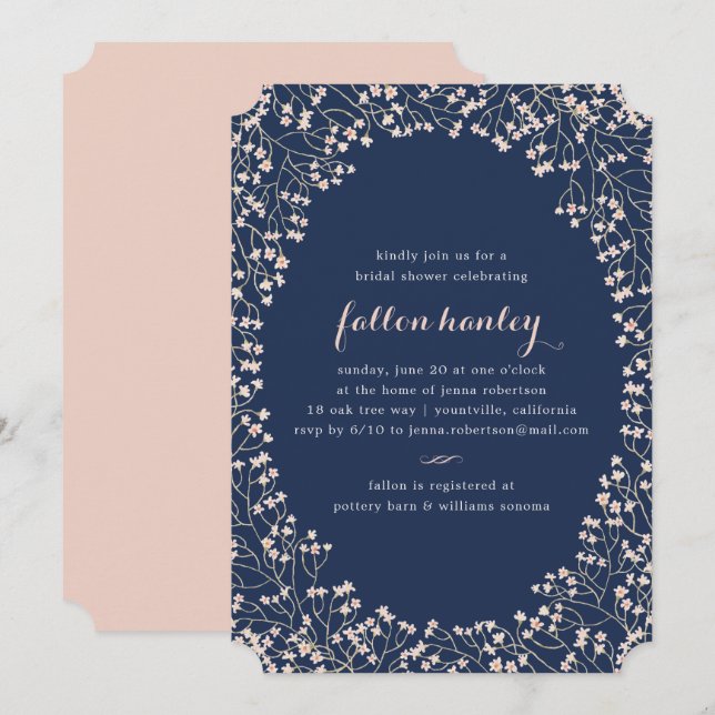 Invitación Delicado marco Rubor & Navy Bridal Shower (Anverso / Reverso)