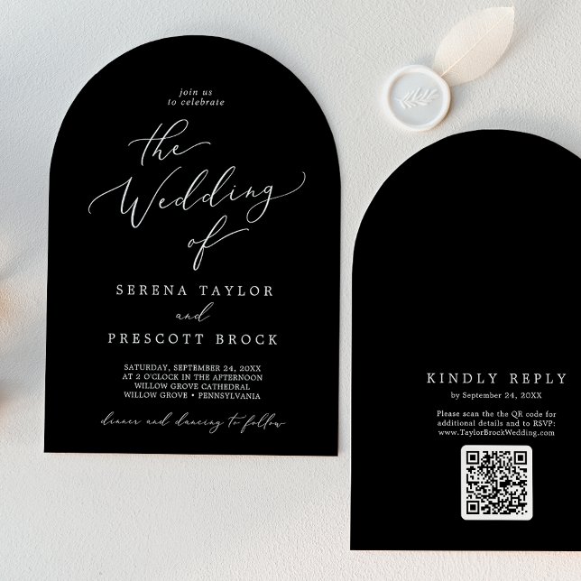 Invitación Delicado negro negro código QR Boda de arcos Boho (Delicate Dark Black QR Code Boho Arch Wedding Invitation)