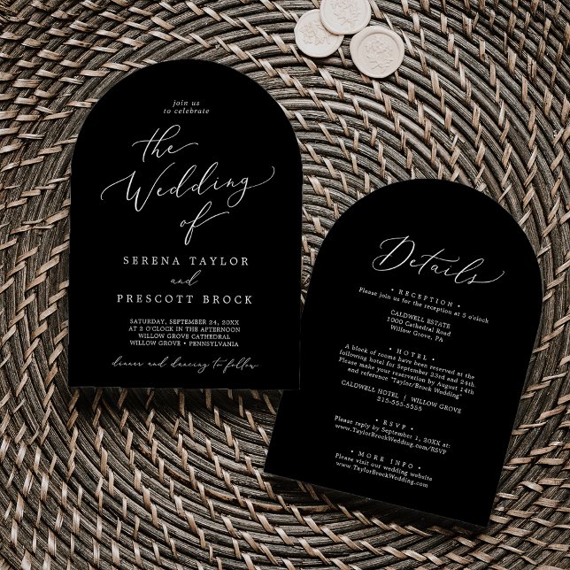 Invitación Delicado negro negro en un Boda de arco moderno (Delicate Dark Black All In One Modern Arch Wedding Invitation)