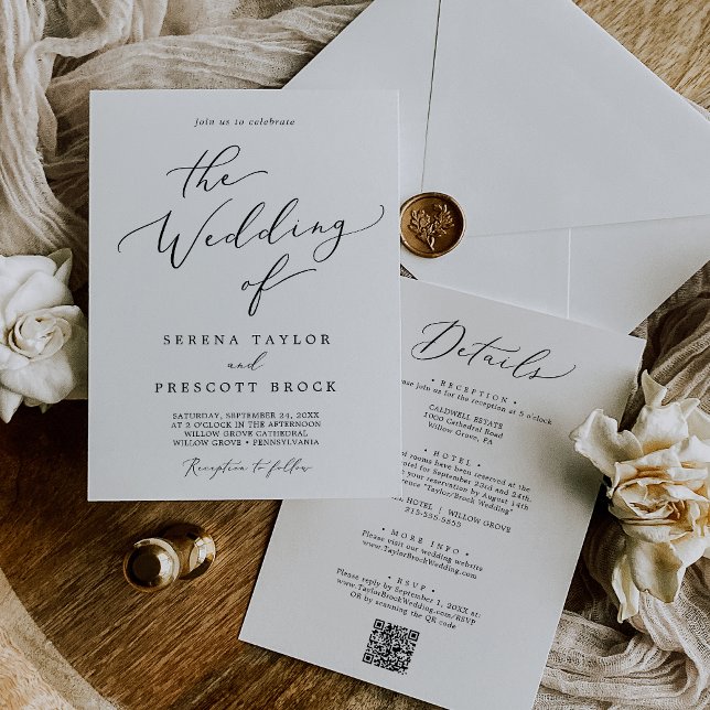 Invitación Delicado negro todo en un Boda de recepción QR (Subido por el creador)