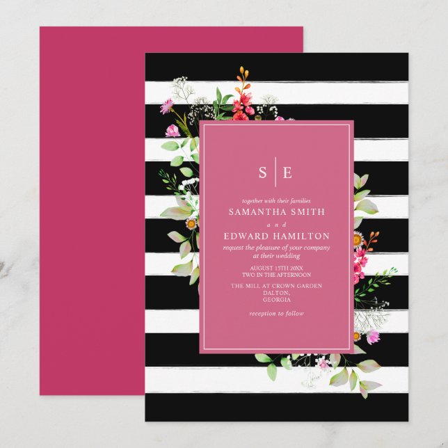 Invitación Delicado Neon Wildflower Stripe Boda rosado calien (Anverso / Reverso)