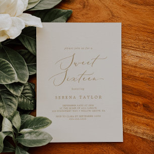 Invitación Delicado oro y crema dulce dieciséis cumpleaños